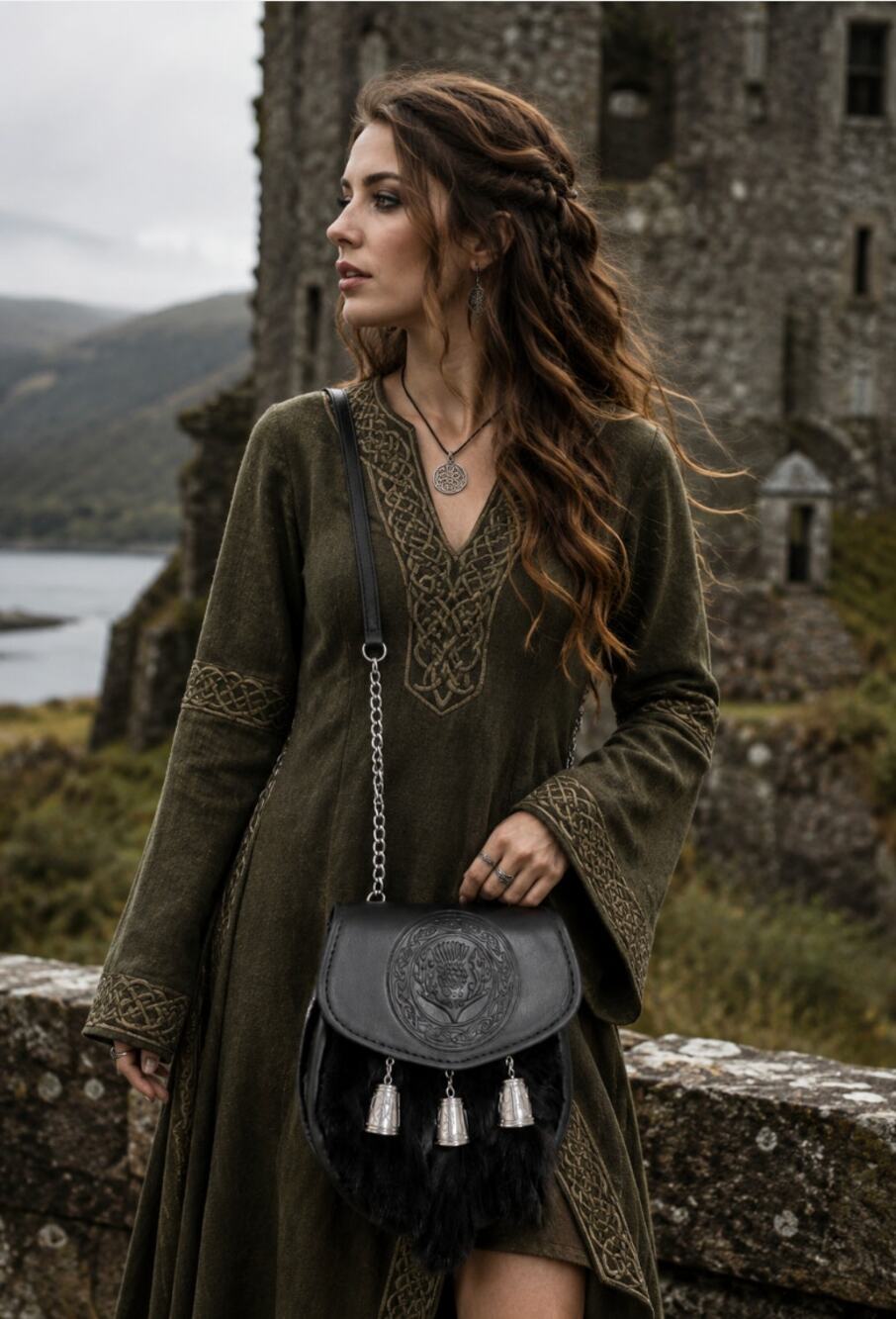 New Scottish Half Dress Sporran Embossed  Thistle Celtic Rabbit Fur Chain Belt